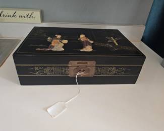 Black lacquer Chinese hinged box with applied hardstone decoration