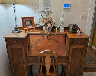 Antique drop front desk and chair
