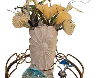 Brass tray with mirror base - floral arrangement and glass dolphin