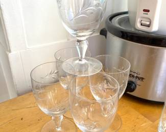 Set of 5 Etched Glass Wine Glasses