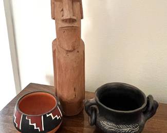 Moai Easter Island Tiki Totem, South American Costa Rica Black Ware Double Handled Vessel, Pueblo Pottery Small Planter