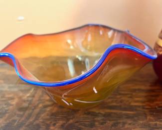 Yellow, Orange & Blue Blown Glass Bowl with Ruffled Ridge