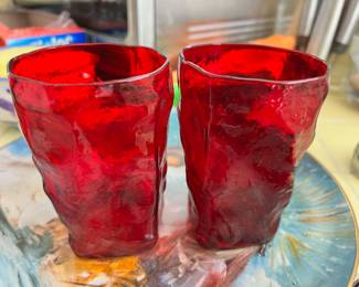 Pair of Ruby Red Crinkle Glass Drinking Glasses