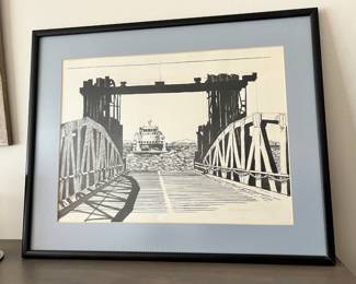 Framed and Matted 1977 Pen Drawing "Ferry Sketch" by Bob Israel