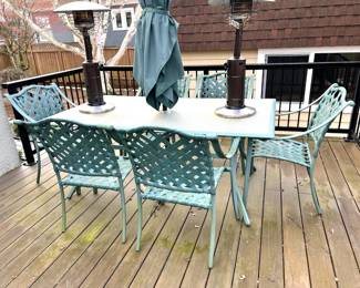 2 Table Top Propane Heaters, Turquoise Patio Set - Glass Top Table with 6 Chairs