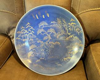2000 Gold/Blue Decorative Plate with Japanese Landscape Pattern - Signed by Pattin