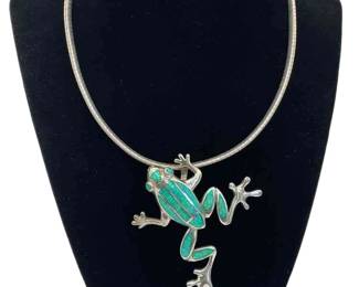 Amazing Opalescent Brilliant Green Frog Pendant * Sterling Silver Frog And Serpentine Chain * Artisan Made Frog
