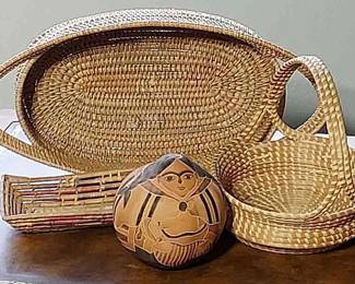 Vintage Cesar Aquino Veli Gourd Art Hand Carved-Painted-Signed * Peruvian Folk Art * 3 Baskets
