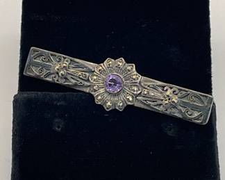 Edwardian Sterling Silver 925 With Amethyst Bar Pin

