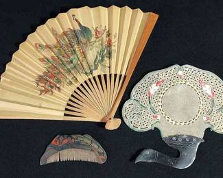 2 Vintage Asian Fans & 1 Vintage Hair Comb