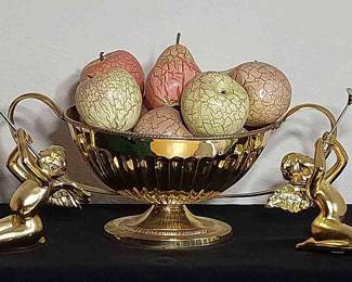 1 Brass-Tone Urn-Filled With Fruit-Flanked By 2 Trumpeting Angels
