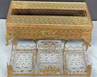 Vintage Gold Tone Metal Bathroom Decor * Kleenex Box * Vanity Set