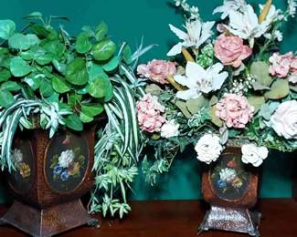 Lovely Faux Flowers, Spider Plants, 2 Matching Decorative Containers/Vases.