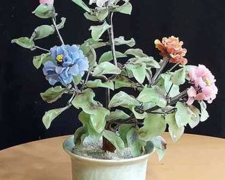 Vintage Chinese Oriental Jade Glass Flowering Bonsai Tree In Pot