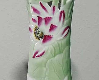 Asian Pottery * Handmade & Signed Vase With Lotus Flower