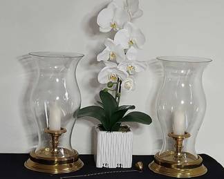 2 Solid Brass & Glass Hurricanes * 1 Faux White Orchid In Ceramic Pot * 1 Candle Snuff