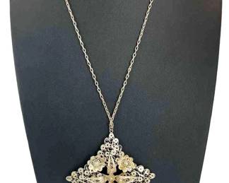 Antique Square Shape Filigree Fine Detail Pendant * Long Antique Chain * Possibly Sterling Silver
