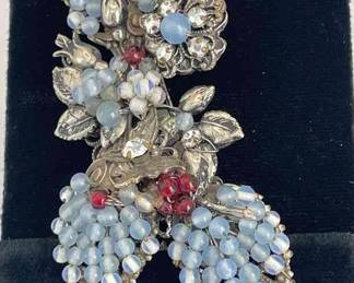 De Mario Silver Tone Vintage Brooch * Pale Blue * Red * Clear Crystals Floral Design Brooch
