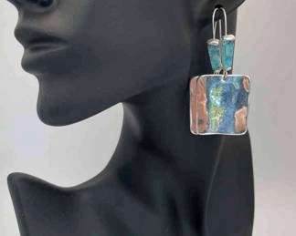 Silver Tone * Aqua Stone * Rim Soho Artisan Made Pierced Earrings
