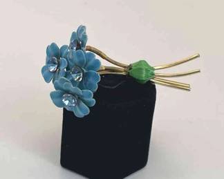 Blue Daisy Design Metal * Enamel * Blue Crystals Brooch
