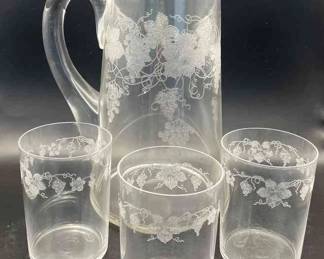 Vintage Fostoria Etched Pitcher * Etched Juice Glasses