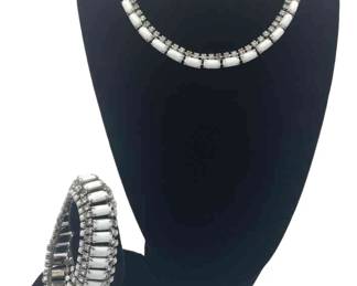 Vintage Silver Tone * White Glass * Rhinestones * Necklace * Bracelet Set