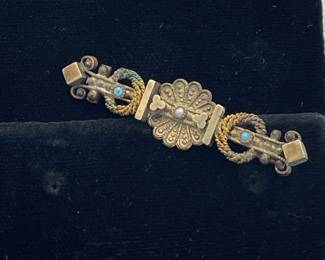 Edwardian Antique Bar Pin * Gold Tone * Tiny Turquoise Color Stone Detail
