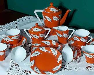TTK 6 Service Tea Set In Orange & White, With Oak Leaf Pattern & Gold Detailing