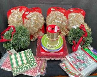 New In Packages Holiday Paper Party Products * Christmas Tissue Wrap * Paper Plates * Wide Gold Ribbon Spools * Wreath Bows * Faux Pine Decor Balls