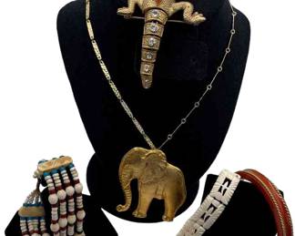 Wonderful Lizard Brooch * Green Glass Eyes * Gold Tone Elephant Pendant / Pin Combo * Necklace * Bracelets * Likely Carved Bone * Bakelite Bangle
