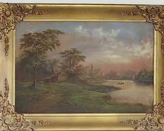 Framed Oil On Canvas * Cabin On A River Scene