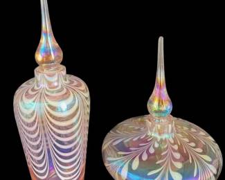 Irisescent Pink Art Glass Swirl Design Bottles With Stoppers
