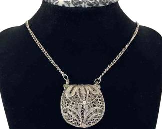 Silver Tone Very Fine Filigree Handbag Pendant * Silver Tone Chain
