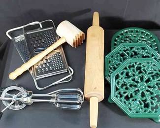 3 Dark Green Enamel Over Cast Iron Trivets & Misc Kitchen Tools

