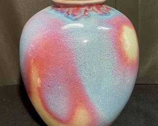 Large Glazed Vase * Blues * Rose * Pale Tan