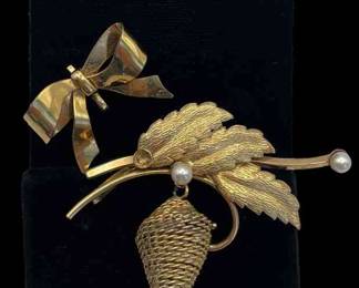 1/20 12K Yellow Gold Filled Ribbon Bow Pin With Pendant Hook * Gold Tone Oak Leaf With Pine Cone * Brooch
