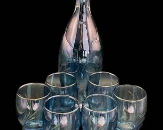 Iridescent Blue Etched Carafe * 6 Small Glasses