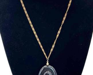 Vintage Black Bakelite Perhaps Pendant * Intricate Gold Tone Chain
