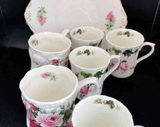 Regency Bone China Rose And Ivy Pattern 4 Small Cups With Tray * St. George Bone China Rose Pattern 2 Cups

