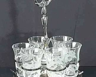 Vintage Silver Plated Revolving Beverage Server With 6 Glasses * Maker Mark * 1300 * Round Cordial Tray With Glasses