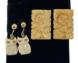 Vintage Carved Owls * Rectangular Carved Clip On Earrings * Possibly Bone
