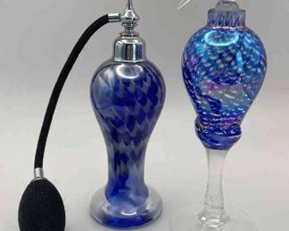 Blue Art Glass Swirl Design Perfume Bottle * Hummingbird Stopper Bottle