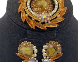 Amber Tones Faceted Glass * Iridescent Crystals * Clip On Earrings * Brooch Set
