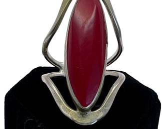 Sterling Silver Mexico Ring * Large Wine Color Glass Center * Size 7

