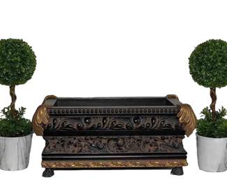 Ornate Italian Hand-Crafted Wood Planter Box * 2 New Potted Faux Topiaries