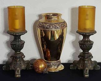 Brass Vase - 2 Lit Candles In Metal Base - 1 Decorative Orb