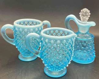 Blue Heisey Hobnail 3 Piece Glass Set * Oil Carafe * Sugar * Creamer