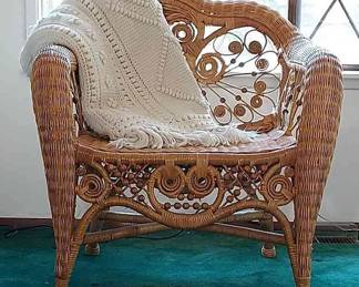 Ornate Rattan & Wicker Chair with Handmade Blanket
