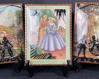 Victorian Couple Set Of 3 * Sandre * Reversed Painted Domed Glass Bubble Lithographs