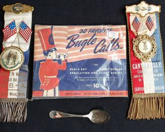Vintage * Patriotic Memorabilia * 2 Modern Brotherhood Of America Ribbons * Tonette Company Bugal Calls * Admiral Sampson Spoon *